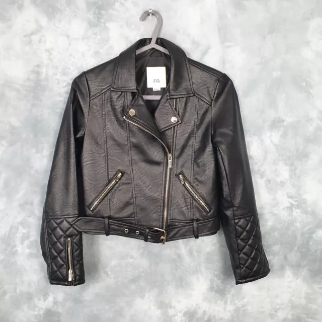 Girls RIVER ISLAND Black Faux Leather Zip Belted Biker Jacket Age 9-10 Years