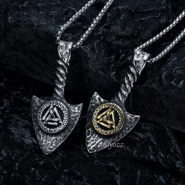 Stainless Steel Mens Norse Viking Arrowhead Valknut Pendant Necklace Men Gift