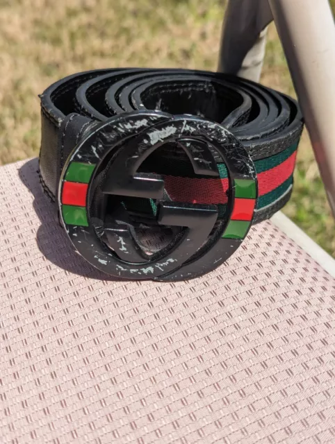 Gucci Web Green/Red Leather Black Interlocking G Buckle Belt Waist 50/125