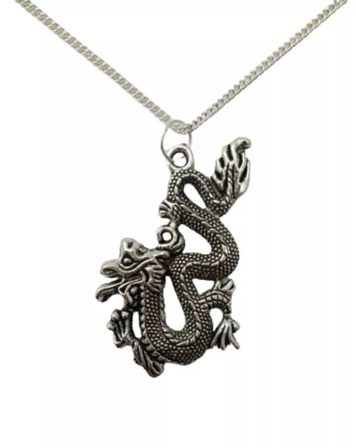 SILVER NECKLACE LARGE CHINESE DRAGON Unique Pendant Gift + Bag