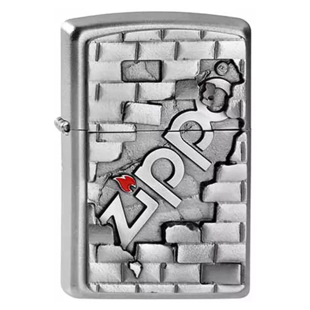 New Zippo Petrol Lighter Satin Chrome The Wall Emblem 3D Windproof Flip Top