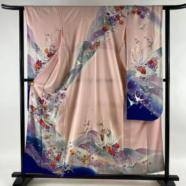Japanese Kimono Furisode Pure Silk Flowers Gold And Silver Paint Light Pink