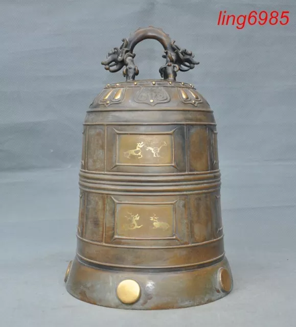 China Buddhism temple bronze gilt animal Loong beast Bell Chung chimes clock