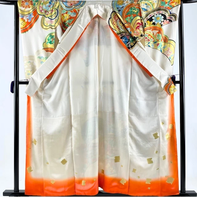 Japanese Kimono Silk FURISODE Floral Gold leaf Embroidery White kimono only 2