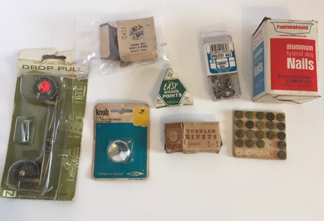 Assorted Lot Vintage Hardware Cabinet Knob Drawer Pull Rivets Brass Tacks Nails