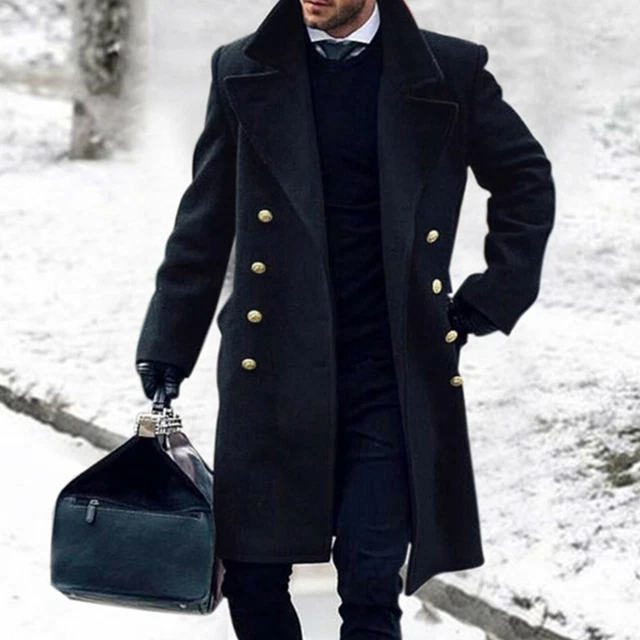 Men Woolen Long Jacket Trench Coat Double Breasted Overcoat Warm Outwear Winter