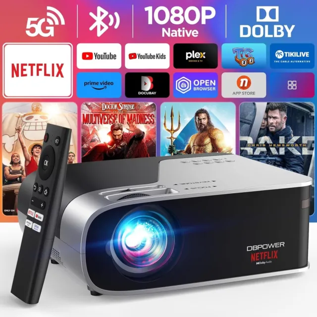 DBPOWER Movie Projector Native 4K 1080p WiFi Bluetooth Built-in Netflix 500ANSI