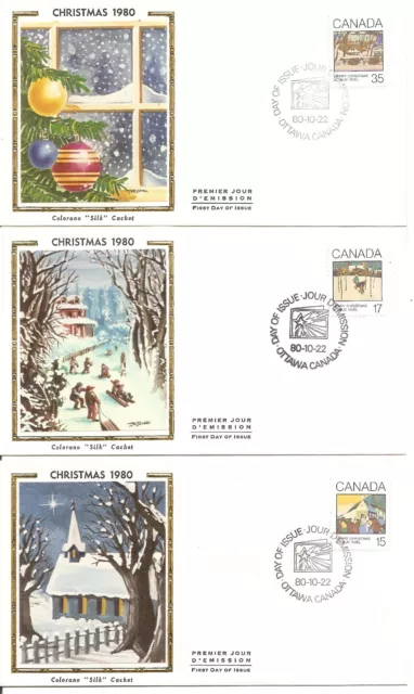 Canada Scott # 870-872 Christmas 1980 FDC, Set of 3 covers. Colorano Cachet.