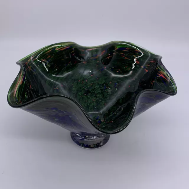 Art Glass End Of Day Ruffled Bowl With Green Glitter Aventurine