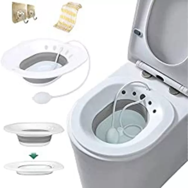 Foldable Sitz Bath Set for Toilet Seat With Flusher, Towel &  2 Hanging Hooks