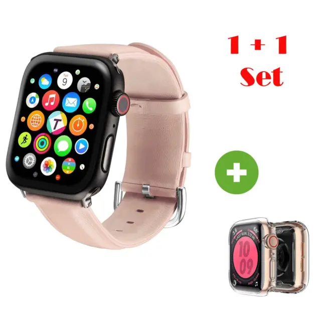 Für Apple Watch 0 - 3 LEDER Armband 42 mm Band Rosa + Schutz Hülle Silikon TPU