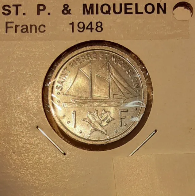 1948 St Pierre & Miquelon Aluminum 1 Franc Coin Winged Liberty  UNC