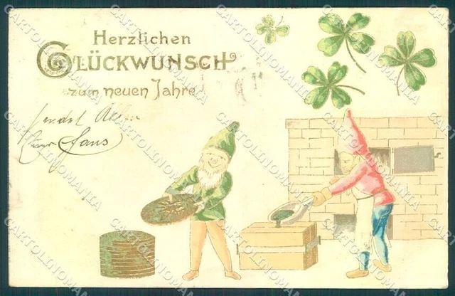 Greetings New Year Gnome Four Leaf Clover Money Relief cartolina postcard TW1706