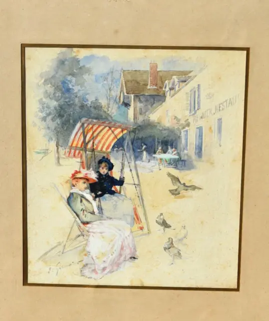 Elegante dipinto ad acquerello Belle Epoque firmato Eugène GIRARDIN (1861-1898)