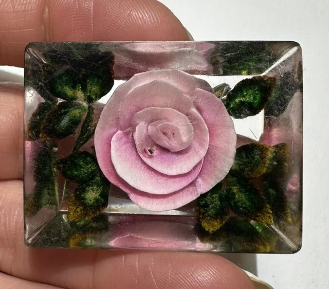 Vintage Acrylic Reverse Carved Intaglio Pink Rose Flower Leave Brooch Pin PC 9