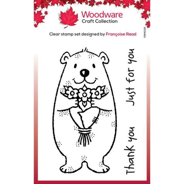 Woodware Cute Flower Bear 3 Piece Clear Stamp Set Thank You Birthday Card Making