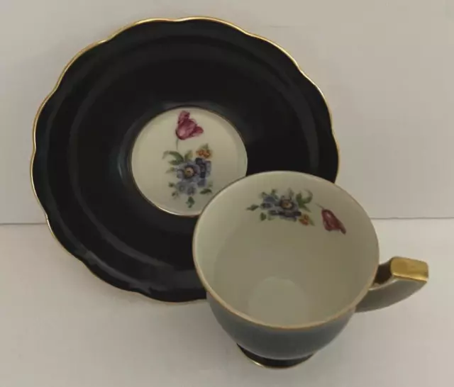 Cup & Saucer Set Royal Bayreuth German Blue Floral Green Leaves Gold Accents