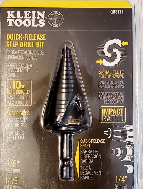 KLEIN TOOLS QRST11 Quick-Release Step Drill SPIRAL FLUTE 7/8 to 1-1/8-Inch