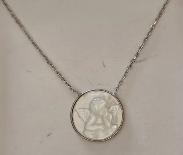 Devin Rose Sterling Silver Carved Cherup Angel On Mother Of Pearl Shell Necklace