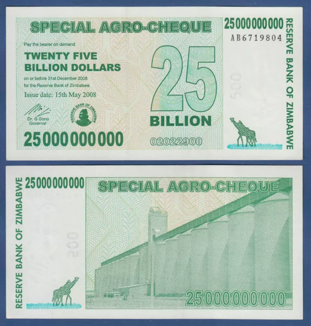 ZIMBABWE 25 Billion Dollars 2008 aUNC P. 62