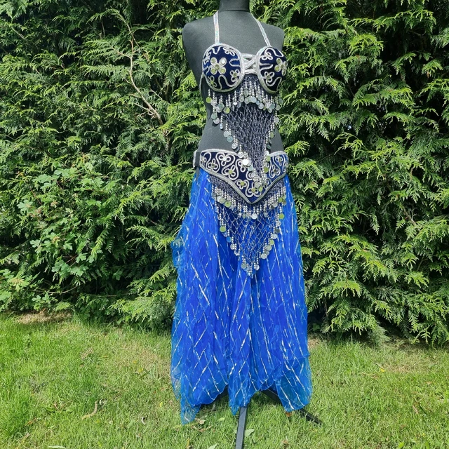 Reggiseno blu e argento costume danza del ventre e cintura shimmy con gonna taglia M