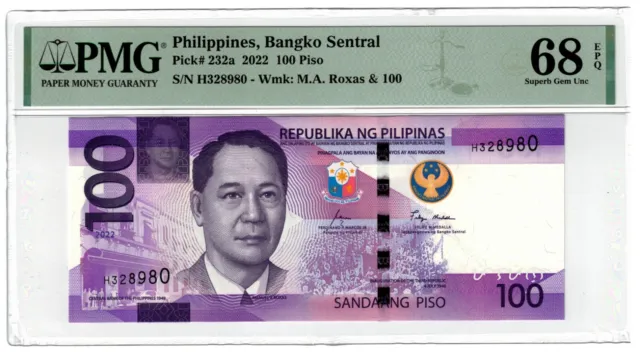 2022 Philippines Banknote P232 100 Piso UNC Central Bank Seal PMG 68