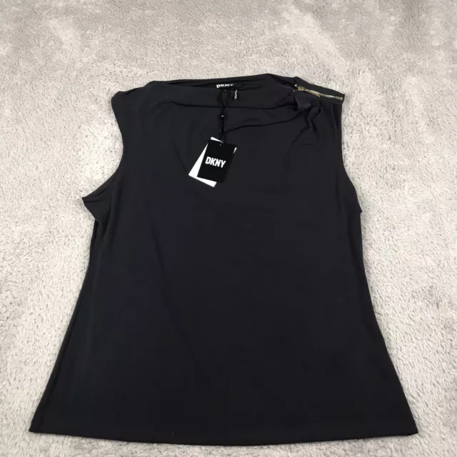 DKNY Shirt Womens L Black Boat Neck Zip Shoulder Sleeveless Tank Top NEW NWT