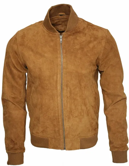 Mens Retro Tan Goat Suede Leather Bomber Varsity Jacket