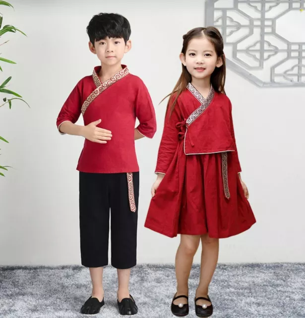 Boy Girl Chinese Asian Traditional QIPAO Costume Han Long sleeve Red Dress Skirt