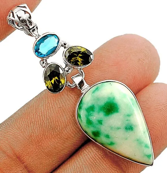 Natural Chrysoprase & Peridot 925 Solid Sterling Silver Pendant, CT1-4