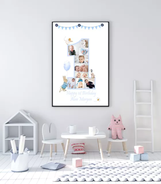 Personalisierte 1. Geburtstag Baby Junge Streichholz Kaninchen Fotocollage A4 Druck Geschenk