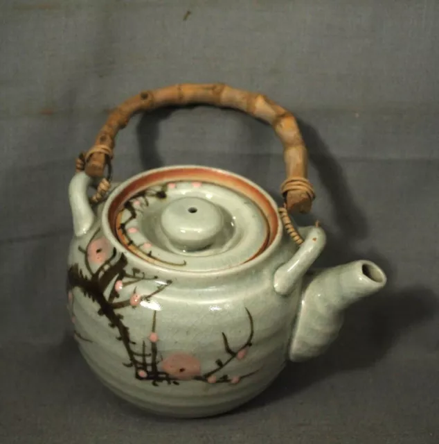 small Vintage Japanese Stoneware ribbed Teapot Bamboo Handle  light green pink