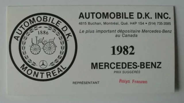 MERCEDES BENZ Price Guide 1982 dealer brochure - French - Canada