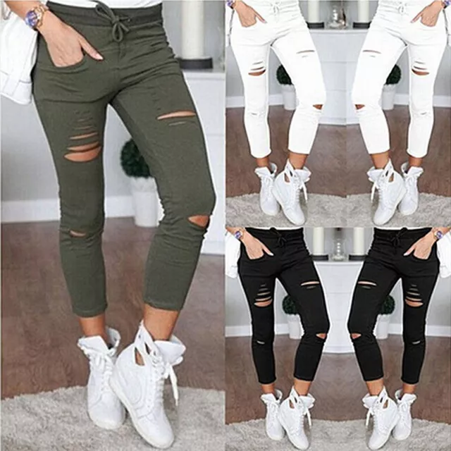 Fashion Women Ripped Holes Capri-pants Pencil High Waist Pants Skinny Trouser-ID