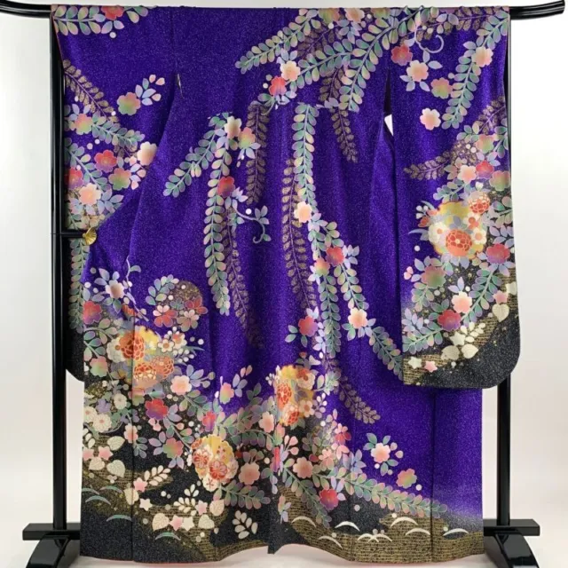 Woman Japanese Kimono Furisode Silk Snow Ring Flower Gold Thread BluePurple