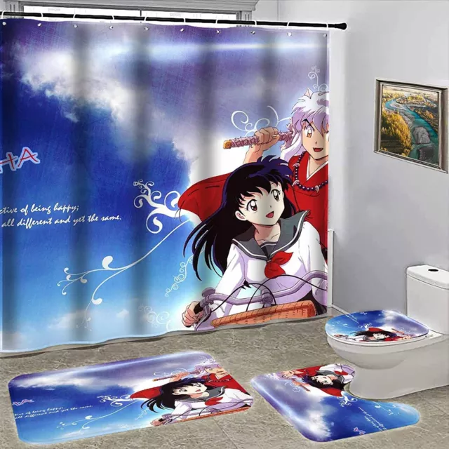 Inuyasha Anime 4PCS Bathroom Rug Shower Curtain Non slip Contour Mat Lid Cover 3