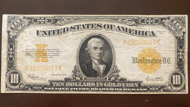 1922 Ten Dollar Gold Certificate Large Size Note $10 Bill Better Grade #56498
