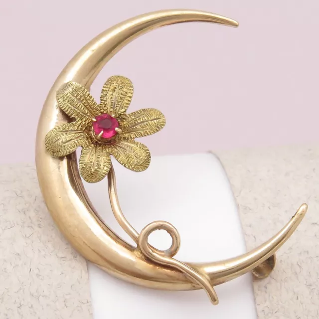 Antique Victorian 10k Rose Gold Crescent Moon Flower Paste Brooch Pin