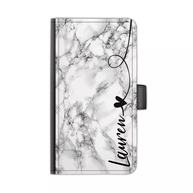 Personnalisé PU Étui Cuir Téléphone Noir Nom Coeur Sur Gris Marbre Clapet Housse