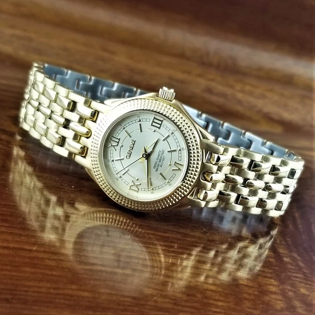 GENEVE Swiss 14K Gold Plated Coin Edge Bezel Watch 165' WR