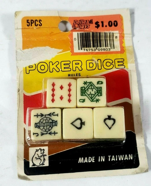 Vintage Set of 5 Poker Dice Made in Taiwan Playing Card Design Kitsch