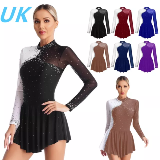 UK Womens Rhinestone Figure Skating Dance Dress Long Sleeve Gymnastics Dress