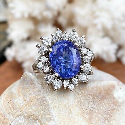 De Valeur Vintage 14KT or Blanc Grand Ovale Violet Tanzanite Bleue Bague Diamant