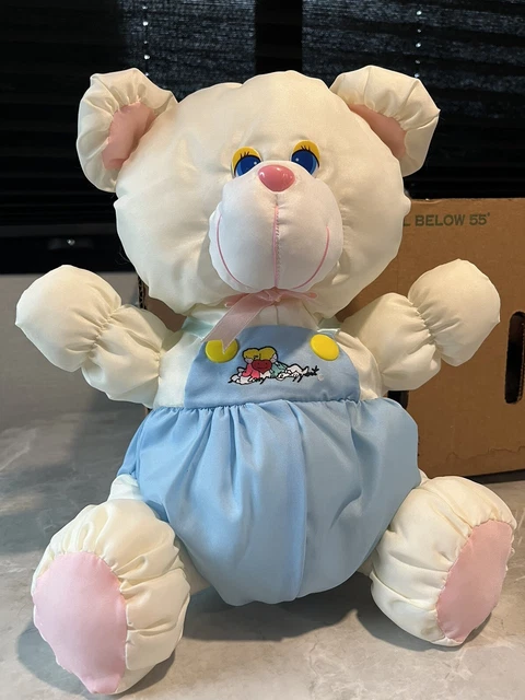 Vintage Teddy Bear Avon Puffalump type Plush BLUE AND WHITE Suspenders