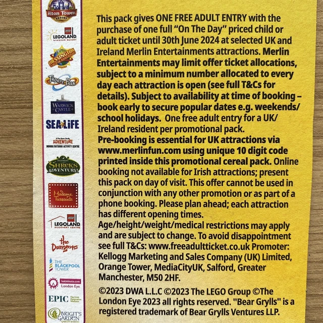 Kellogg’s Merlin Attractions Free Adult Tickets x5 & Booking Codes Exp 30/06/24 2