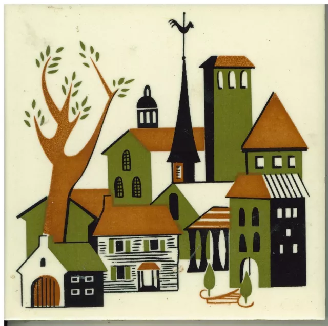 Pilkington English Art Ceramic Tile 6 x 6 " 1950s Village Scene