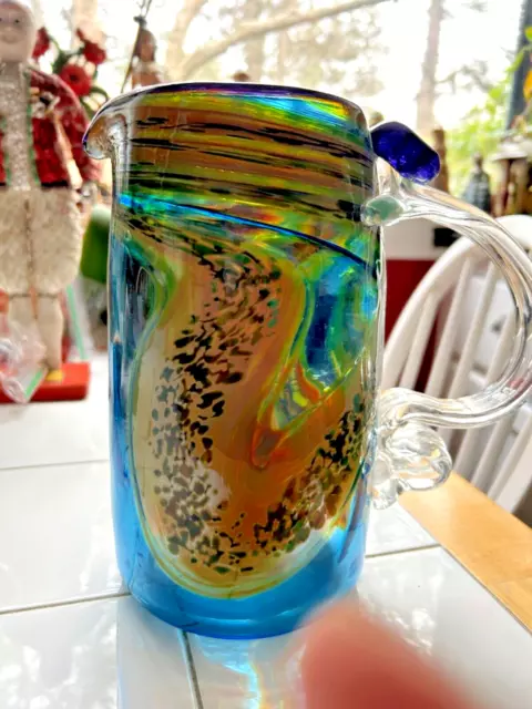 Funky studio art glass 8” pitcher, signed!