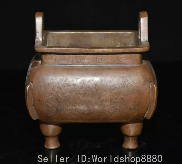 6.4" Xuande ancient Chinese Red copper Story characters Incense Burner Censer