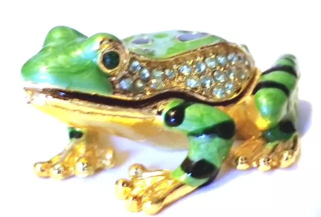 Fun 3" Brass Enamel Green Frog Jewelry Trinket Box