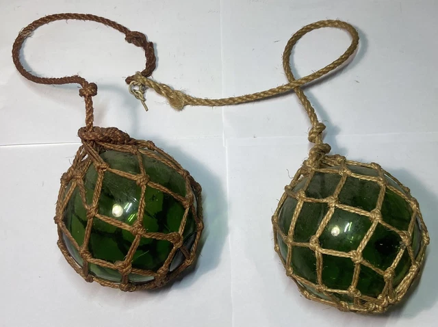 ANCIENNE PAIRE BOULE Flotteur Filet De Peche En Verre Vert Peche Marine